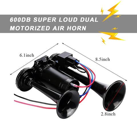 Dead Loud 12V Dual Trumpet Air Horn Kit With Compressor Fits Cars Trucks And Boats Dropping An Insane 120 Decibel Blast For Heavy Duty Warning Calls Keeping Drivers Safe Wherever You Roll Black, showing dimensions of 8.5x6.1x2.8 inches.