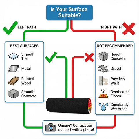 Heavy-Duty Anti-Slip Tape 18 In By 40 Ft suitable surfaces guide, highlighting best and not recommended surfaces for use.