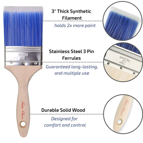 Two Pack Wood Handle Paint Brush Set Featuring 3 Inch Flat And 2.5 Inch Angled Sash Brushes with synthetic filaments and wood grip.