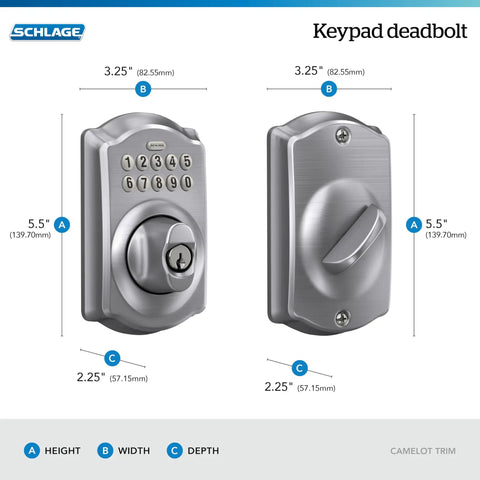 Camelot Electronic Keypad Deadbolt Lock For Front Door No Keys Needed With Keyless Entry And Mechanical Key Backup, Satin Chrome Finish