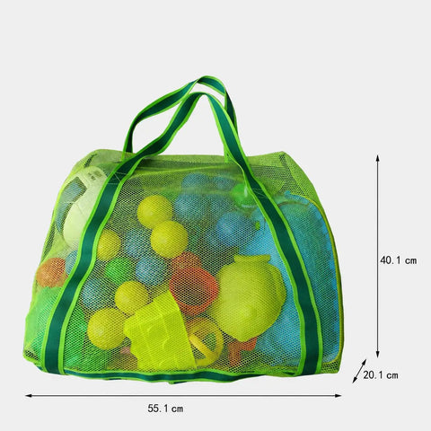 Must-Have Mesh Beach Toy Bag With Zipper Top containing colorful toys, 55.1 cm wide, 40.1 cm tall, 20.1 cm deep, green color