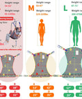 EHUCONHEEL Full Body Mesh Patient Lift Sling Universal Transfer Aid size guide for S, M, L with weight and height ranges.