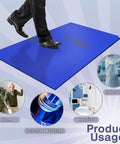 A person walking on a blue Pro Heavy Duty Sticky Rubber Tacky Mat 24 By 36 Inches for workshops and garages.