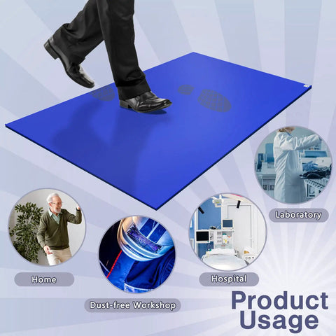 A person walking on a blue Pro Heavy Duty Sticky Rubber Tacky Mat 24 By 36 Inches for workshops and garages.