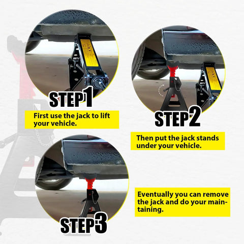 YATOINTO 6-Ton jack stands (pair), adjustable 15.6–23.4 in, heavy-duty steel with rubber pads, shown installed under vehicle.