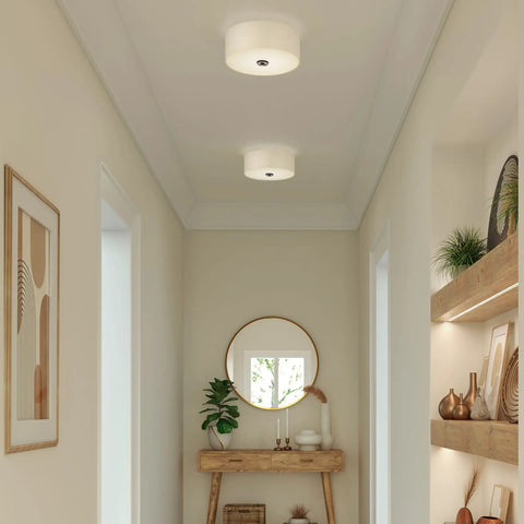 Inspire Two Light Semi Flush Mount Dope Style Close To Ceiling Lighting with off-white linen shade in hallway setting.
