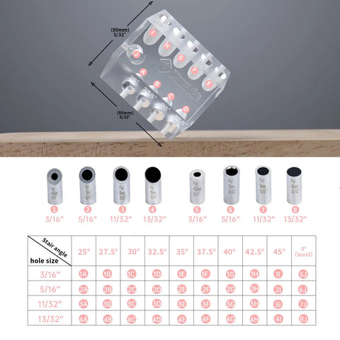 Upgraded Multi Angle Drill Guide for DIY Cable Railing Kit with 25 30 35 40 45 and 90 Degree Holes Visible Template Jig with size chart