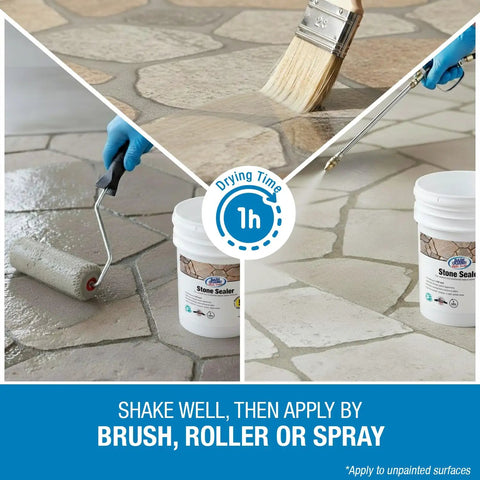 Application methods for Stone Sealer That Keeps It Tight, Penetrating Water Repellent, Silane Siloxane, natural finish, 5 gallons.