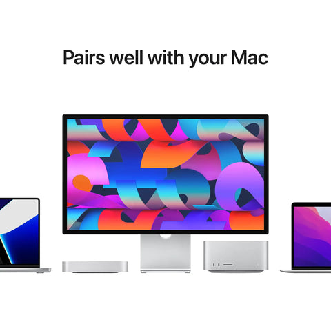 Studio Display With Tilt-Adjustable Stand And Standard Glass, 27-Inch 5K Retina Screen showcased with Mac devices