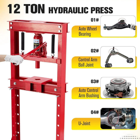 12 Ton Hydraulic Press With Adjustable Table And Movable Plates For Auto Repair Metal Bending And Garage Use Beefy Heavy Duty H Frame Shop Press In Red Built For Tough Jobs