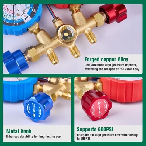 HVAC Manifold Gauge Set With Brass Body And Explosion Proof Lens, 3ft Hoses And R410A Adapters shown in close-up sections