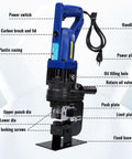 Heavy Duty 1200W Electric Hydraulic Hole Punch Tool 110V 10 Ton Output showing labeled components and features