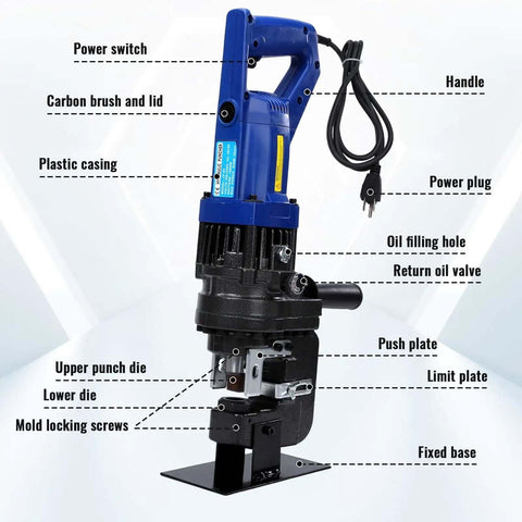 Heavy Duty 1200W Electric Hydraulic Hole Punch Tool 110V 10 Ton Output showing labeled components and features