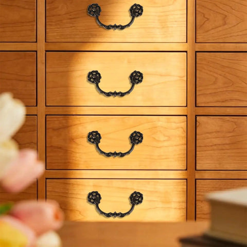 Six Pack Drop Bail Vintage Drawer Pulls For Four And A Half Inch Center To Center Spacing Zinc Alloy Handles on wooden dresser