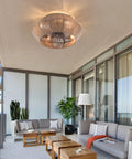 Rattan Ceiling Fan with Caged Flush Mount Low Profile for Bedroom Living in a modern patio setting.