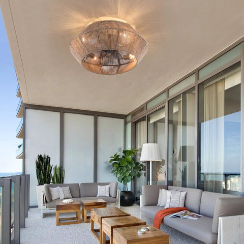 Rattan Ceiling Fan with Caged Flush Mount Low Profile for Bedroom Living in a modern patio setting.