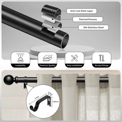 36-91 Inch Black Adjustable Curtain Rod 1 Inch Heavy Duty Telescoping Drapery Pole For Windows Modern Decorative Window Treatment No Tools Required Quick And Easy Installation shown with anti-rust layers and mounting details.