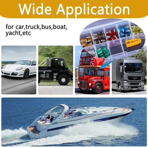 Wide application of Premium Heavy Duty Universal Auto Blade Fuses Assortment Kit With Fuse Removal Tool for vehicles and boats.