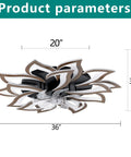 AMZSTAN 35 Inch Modern Flower Ceiling Fan with Light and Remote, showing product dimensions of 20" height, 36" width, 3.4" depth.