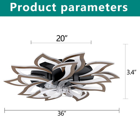 AMZSTAN 35 Inch Modern Flower Ceiling Fan with Light and Remote, showing product dimensions of 20" height, 36" width, 3.4" depth.