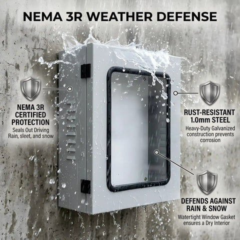Heavy Duty EV Charger Enclosure With Secure Acrylic Viewing Window And Cylinder Lock 19X24 Inch NEMA 3R outdoor box defending against rain.