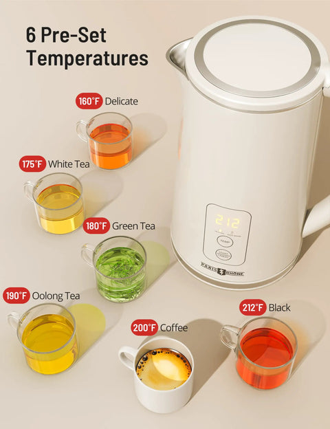 1.7L Large Kettle With Temperature Control And LED Screen Quick Heat For Tea And Coffee 6 Presets Boil Dry Protection BPA Free