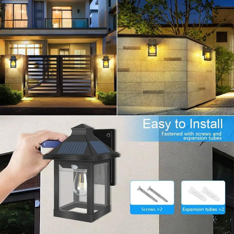 Solar Powered Outdoor Wall Lanterns Waterproof With 3 Modes No Fuss 2 Pack Wireless Dusk To Dawn LED Sconce Lights Motion Sensor Wall Mount Porch Light For Patio Garden Yard With Clear Cover shown in use on house and wall with installation accessories.