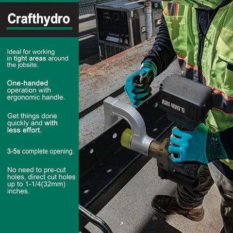 Worker using Hydraulic Hole Puncher Kit For Sheet Metal One Half Inch To One And A Quarter Inch Knockout Handles on steel beam