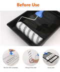 Microfiber Paint Roller Covers 9 Inch 3/8 Inch Nap 12 Pack Pro Grade shown before use with drying rack and paint tray