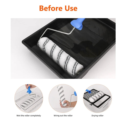 Microfiber Paint Roller Covers 9 Inch 3/8 Inch Nap 12 Pack Pro Grade shown before use with drying rack and paint tray