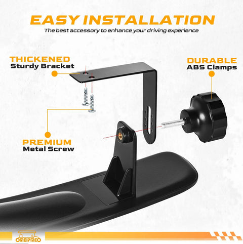 Installation components of Universal Heavy Duty Golf Cart Rear View Mirror with durable ABS clamps and metal screws.