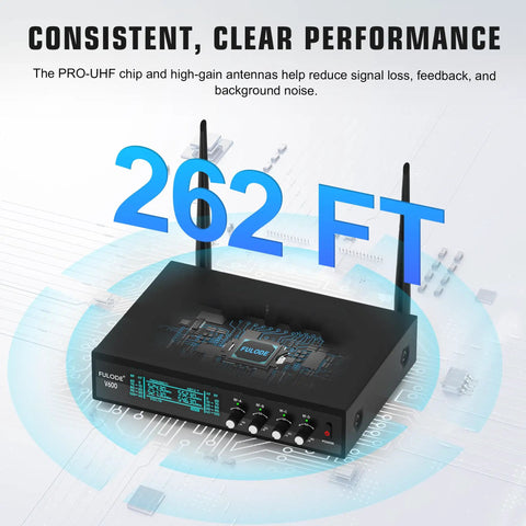 4 Channel UHF Wireless Microphone System With 4 Handheld Mics, Metal Receiver showcasing 262 ft range and signal performance text.
