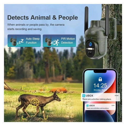 Solar security cam detects animal and people, showing deer and phone alerts for activity monitoring, ideal for off-grid use.