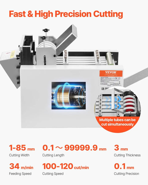 Auto Heat Shrink Tube Cutter For Fast Precise Cuts On Heat Shrink Tubes Fiberglass Tubes And Cables 1 To 85mm Width 0.1 To 99999.9mm Length Up To 3mm Thickness 100 To 120 Cuts Per Minute Yellow, shown front view