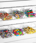 Six Clear Slatwall Bins With Integrated Hooks Mount Hanging Organizer 5.1 x 5.1 x 5.1 Inch holding small office supplies
