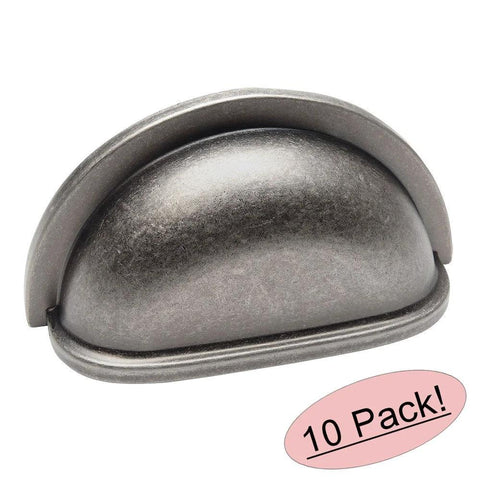 Weathered Nickel Bin Cup Drawer Pulls, 10 Pack, 3 Inch Hole Centers, 3-1/2 Inch Overall Length, 1-5/8 Inch Width, 1 Inch Projection