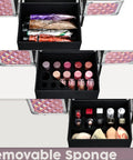 Interior view of rolling makeup case on wheels with drawer for estheticians manicurists and mobile stylists, showcasing ample storage.