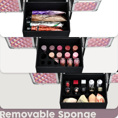 Interior view of rolling makeup case on wheels with drawer for estheticians manicurists and mobile stylists, showcasing ample storage.