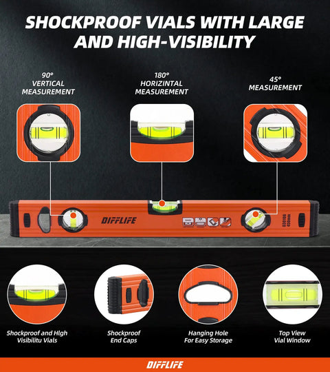 Heavy Duty Boss Level 18 Inch Torpedo Level With Reinforced Aluminum Body And Bright Green Bubble Vials For Dead On Precision On Every Diy Build Or Tradesman Project with shockproof vials and orange body.