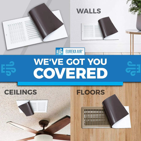 Beefy Magnetic Vent Covers 3 Pack 5.5 By 12 Inches For Floor Wall And Ceiling Registers Made For Steel Ducts Home And RV HVAC And AC With 1.3 Lbs Per Square Inch Pull White shown in use covering wall, floor and ceiling vents.