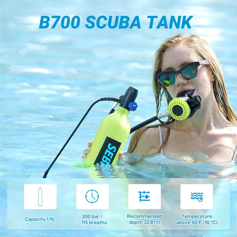 Woman using One Point Nine Liter Mini Scuba Tank With DOT Certified Pony Bottle Portable Grab And Go Underwater Breathing Kit