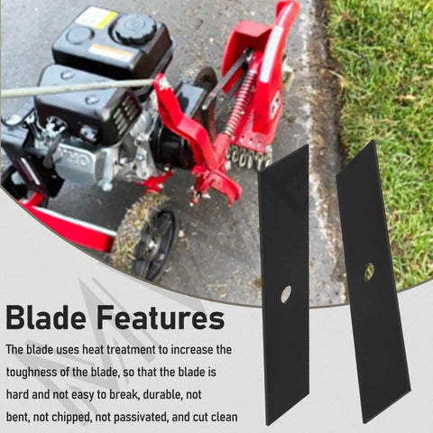 Universal 9 Inch By 2 Inch Edger Blade Heat Treated With Half Inch Center Hole 2 Pack Fits McLane Power Trim King O Lawn Tru-Cut Edgers And Other Popular Models shown beside edger machine and lawn edge.