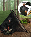 Heavy Duty Survival Tarp Cover 8.5 By 11.8 Feet Emergency Blanket Reflective Thermal Ripstop Waterproof Bombproof All Weather Shelter For Army Camping Tarp Use And Life Protection set up in forest with person inside and packaging shown