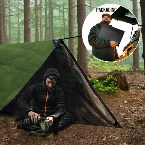 Heavy Duty Survival Tarp Cover 8.5 By 11.8 Feet Emergency Blanket Reflective Thermal Ripstop Waterproof Bombproof All Weather Shelter For Army Camping Tarp Use And Life Protection set up in forest with person inside and packaging shown