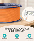 Orange PLA filament spool on table with caliper showing 1.75mm, promoting dimensional accuracy for 3D printing consistency.