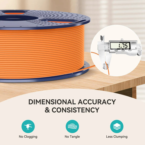 Orange PLA filament spool on table with caliper showing 1.75mm, promoting dimensional accuracy for 3D printing consistency.