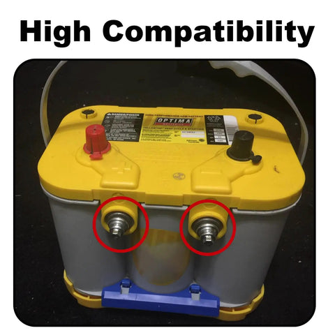 Image of a battery featuring side post terminals compatible with Six Pack Heavy Duty Battery Terminal Bolts With 3 8 Inch Side Post Adapter Studs And Nuts For Cars And Tractors And Tough As Nails Steel Build Guarantees Quick Install That Keeps Circuits Locked Secure.