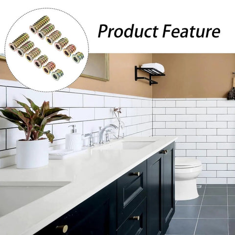Bathroom scene with 105 Piece Screw In Nuts Threaded Insert Kit in circular inset, carbon steel for wooden furniture.