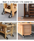 Heavy Duty Retractable Workbench Casters Kit on various tables showing smooth rolling dual lock wheels with stainless steel build.