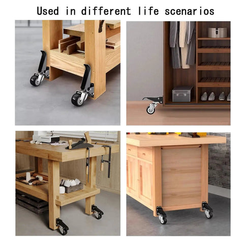 Heavy Duty Retractable Workbench Casters Kit on various tables showing smooth rolling dual lock wheels with stainless steel build.